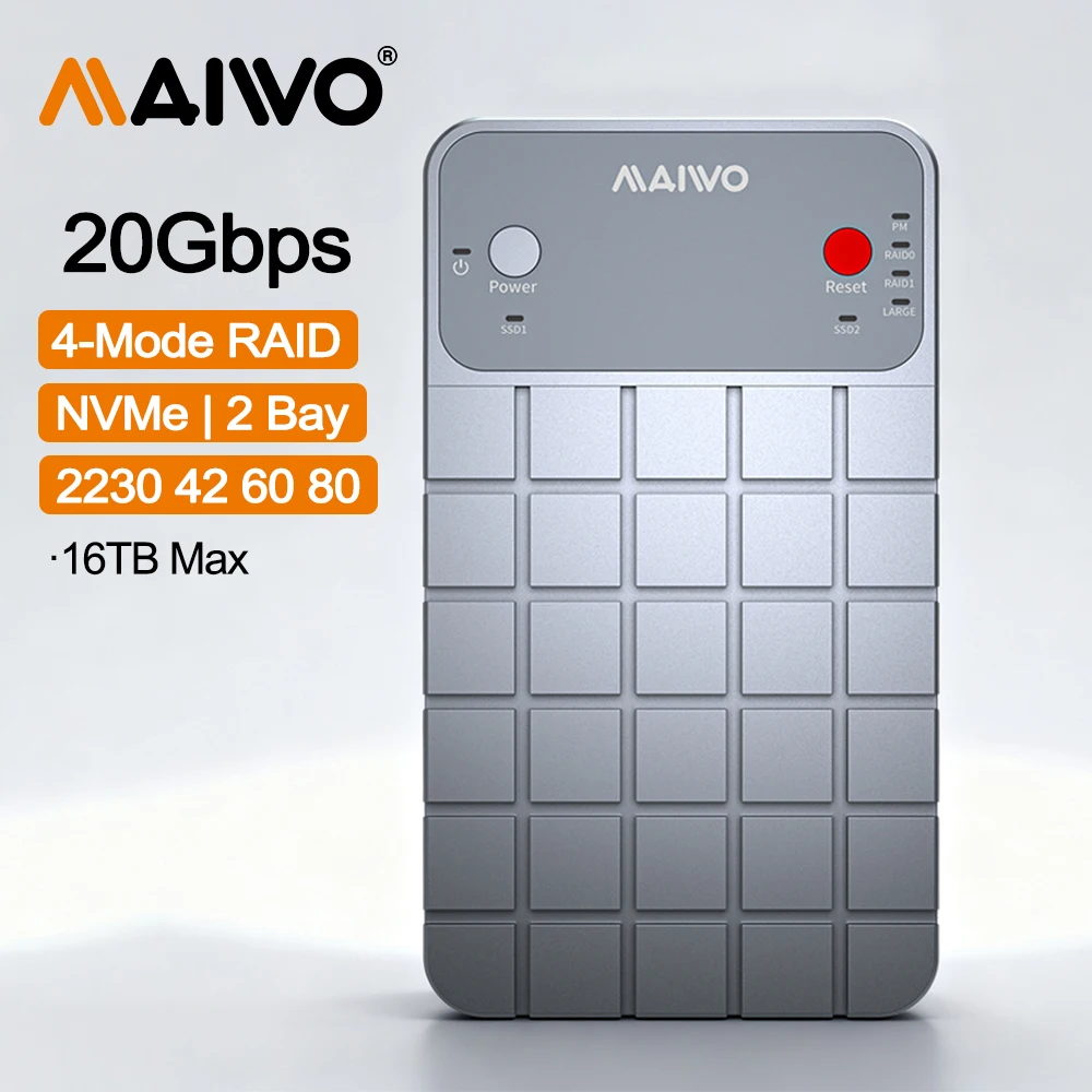 

MAIWO M2 SSD Case 2 Bay M.2 NVMe SSD Adapter Box 20Gbps USB 3.2 Gen2x2 USB C Aluminum External Enclosure Supports M and B&M Keys