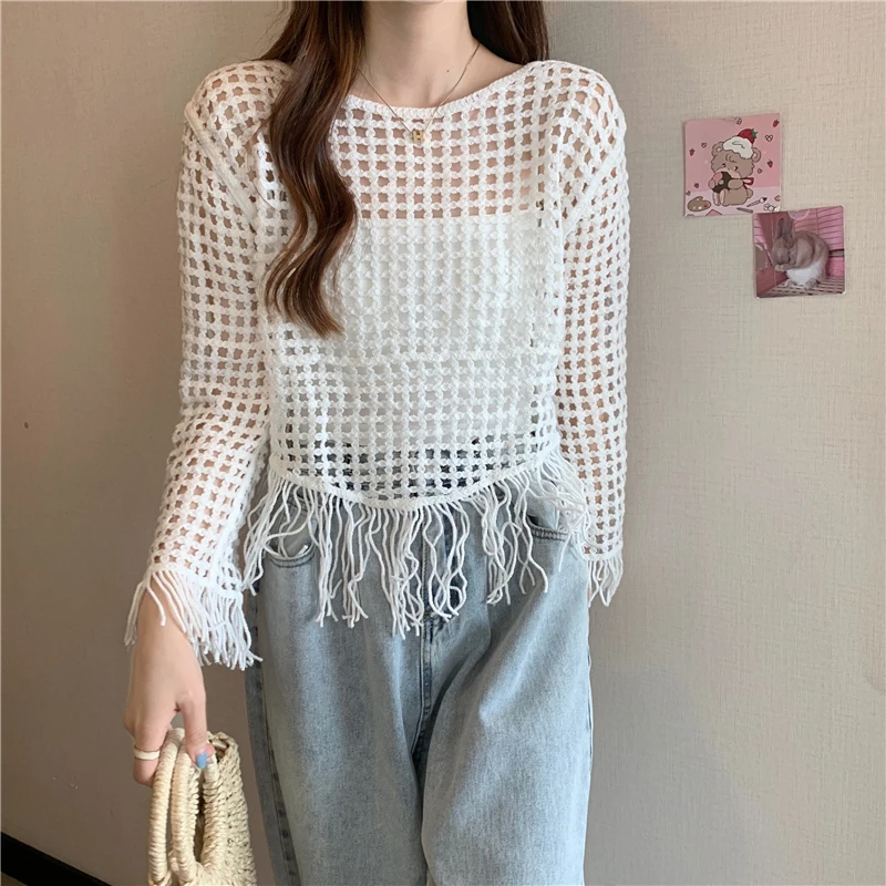 Boring Honey Retro Tassels Fashion Women Blouses Long Sleeves O-Neck Camis Tops Hollow Out Solid Colors Women's T-Shirt