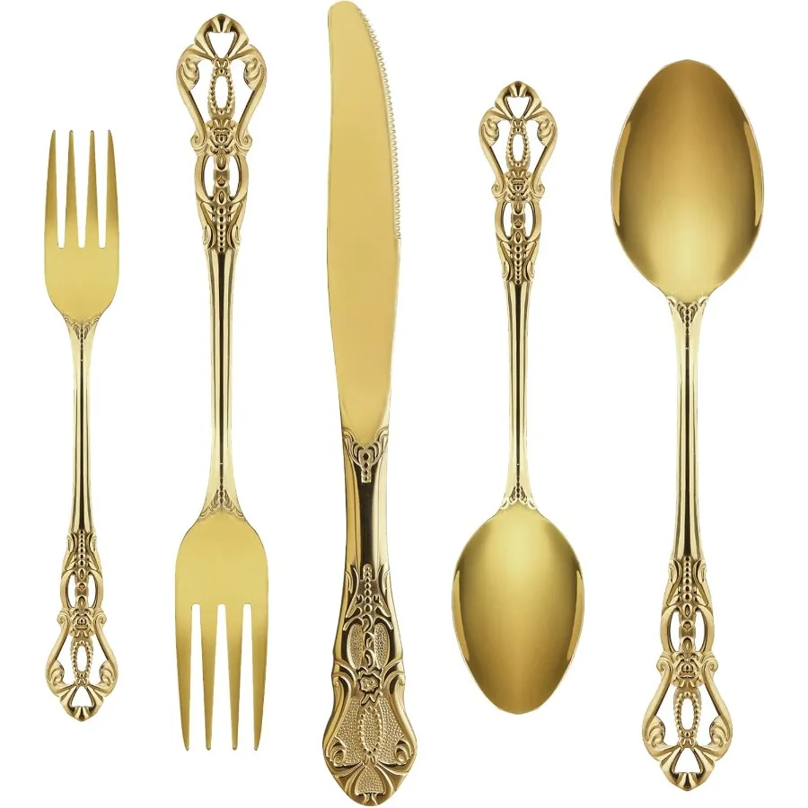 

Набор золотых столовых приборов из нержавеющей стали, великолепный королевский набор столовых приборов в стиле ретро, 20 предметов, набор столовых приборов, набор кухонной утвари