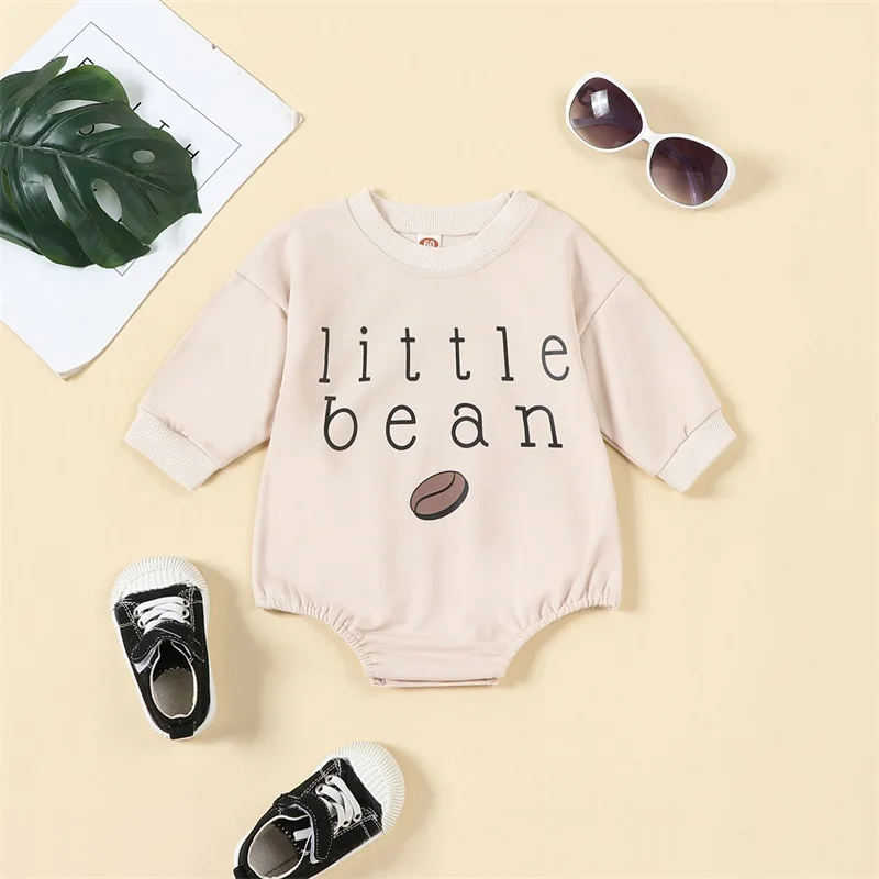 Infant Baby Sweatshirt Jumpsuit Round Neck Bubble Long Sleeve Letter & Bean Print Romper Autumn Baby Bodysuits Clothes