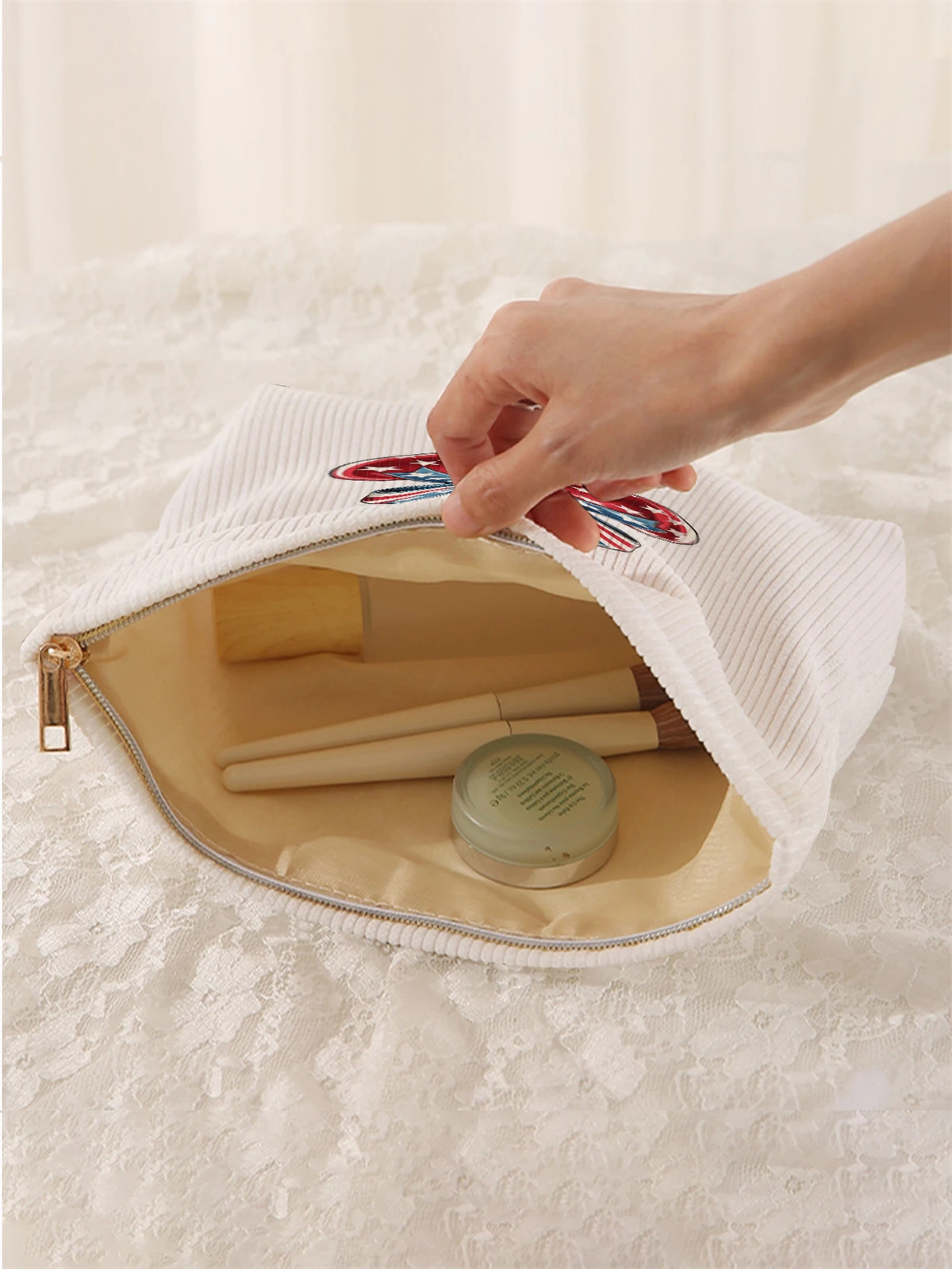 1 borsa per il trucco in velluto a coste con motivo a nodo a farfalla, scatola portaoggetti leggera per il trucco con cerniera, borsa multifunzionale con fodera