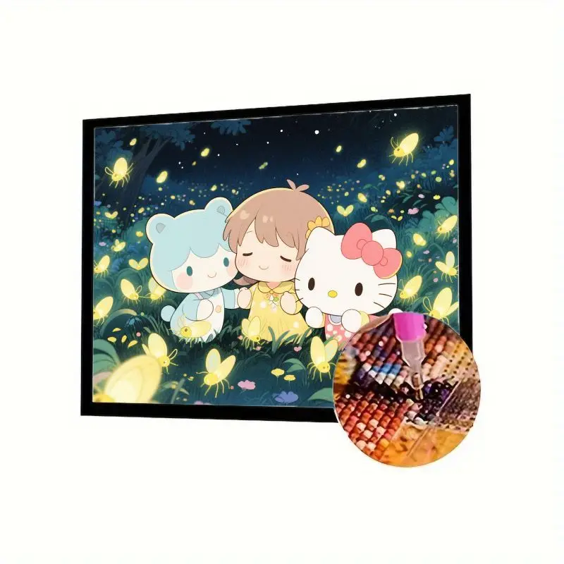 

1 шт. DIY 5D Full Drill Diamond Painting Kit - Hello Kitty & Cute Cartoon Friends in Enchanted Firefly Forest Night Scene, Relaxin