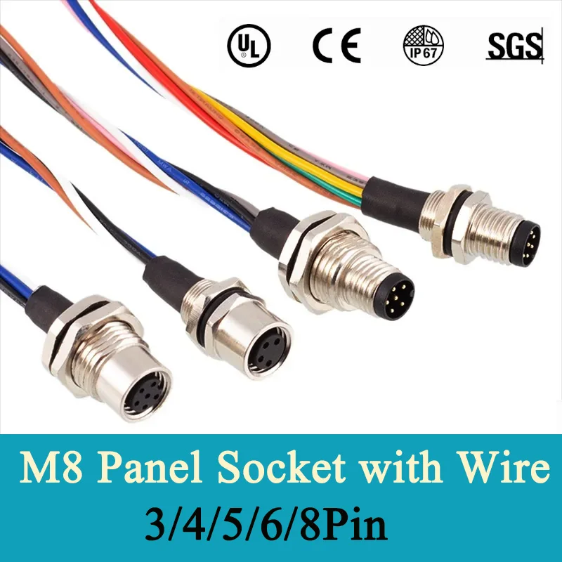 IP67 M8 Aviation Plug with 30CM Wire 3/4/5/6/8Pin Panel Front Rear Cable Socket Plug Male Female Connector with Line Waterproof