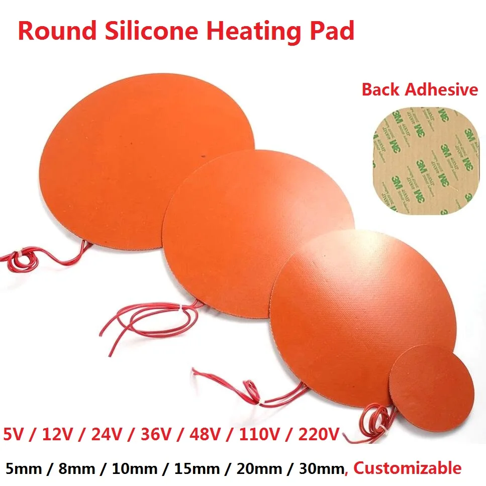 5V 12V 24V 110V 220V Round Silicone Rubber Heating Pad Mat W/ Adhesive Circle Heater Plate Oil Tank 3D Printer Engine Waterproof