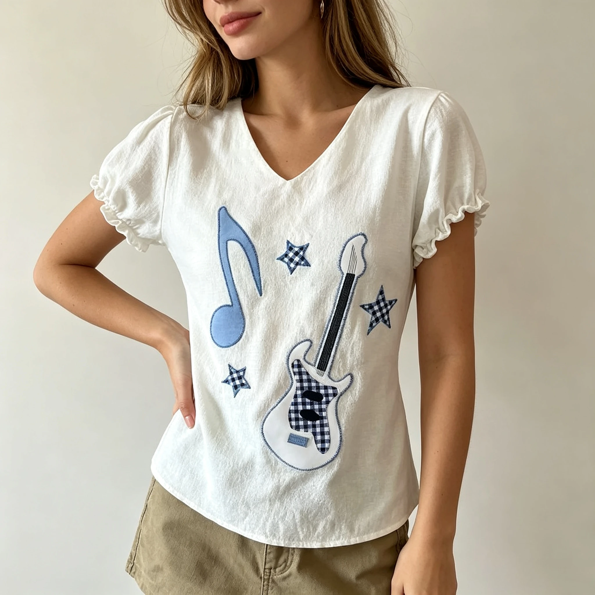 V Neck Puff Short Sleeve Top Guitar Music Note Star Applique Decor Slim Fit Back Tie Bow Casual Vintage Daily Street Blouse