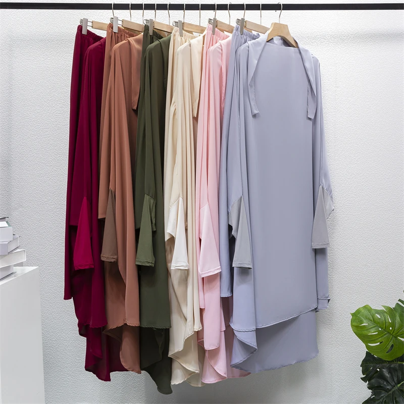 Muslim Sets Two Pieces Long Hooded Smocking Sleeve Shirts Loose Maxi Skirts Muslim Jilbab Hijab Women Abaya Sets Prayer Clothing