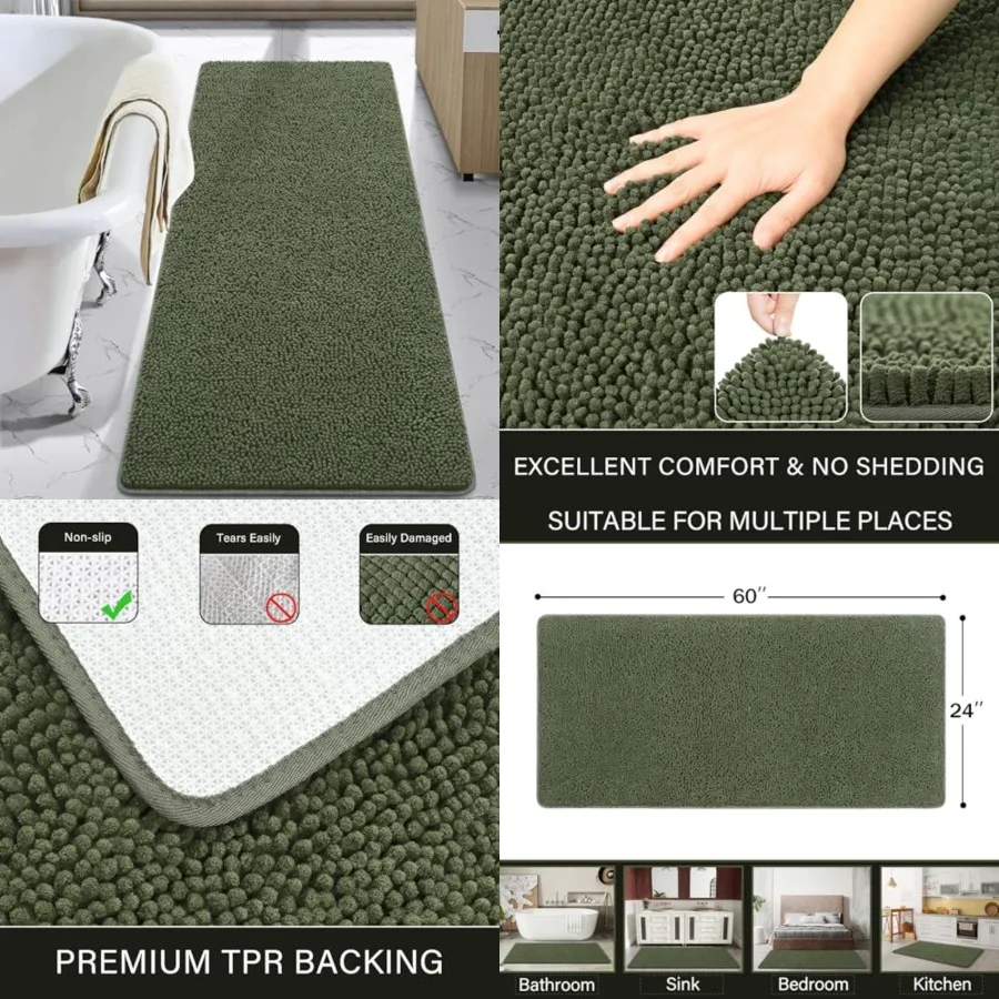 

Luxury Bathroom Rug Shaggy Bath Mat 24 x 60 Inch, Washable Non Slip Bath Rugs for Bathroom Shower, Soft Plush Chenille Absorben