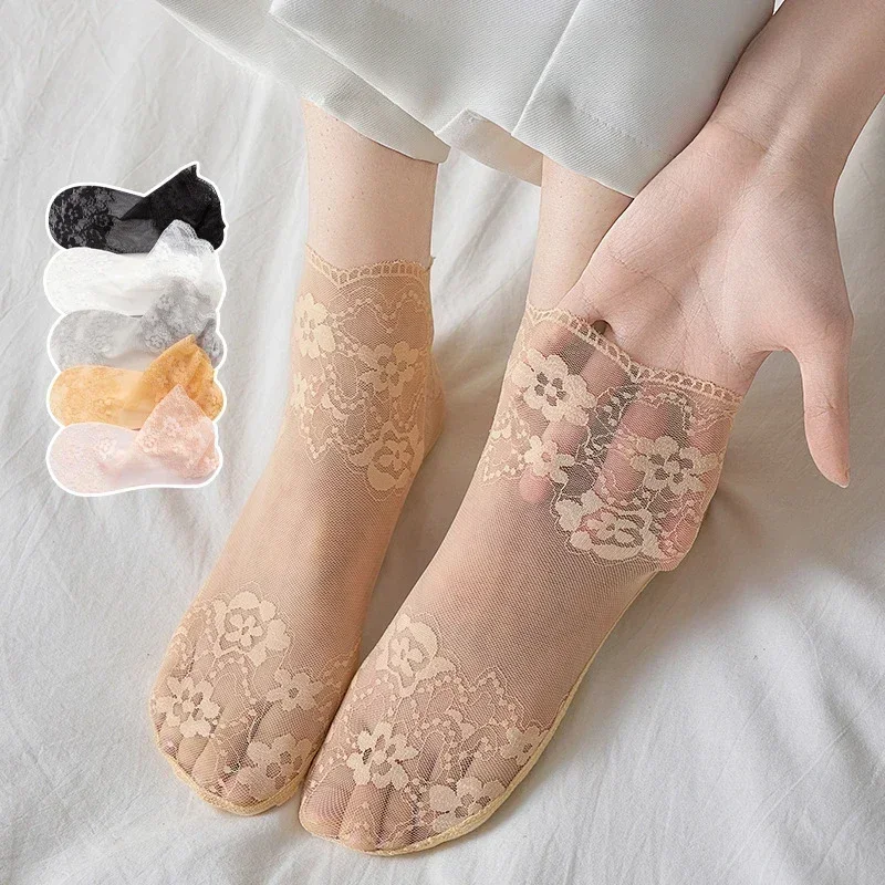 جوارب دانتيل رقيقة مزهرة للنساء ، Sheers ، Sheers ، Tulle ، شفافة ، السيدات ، الأبيض ، الأسود ، الصيف ، 5 أزواج