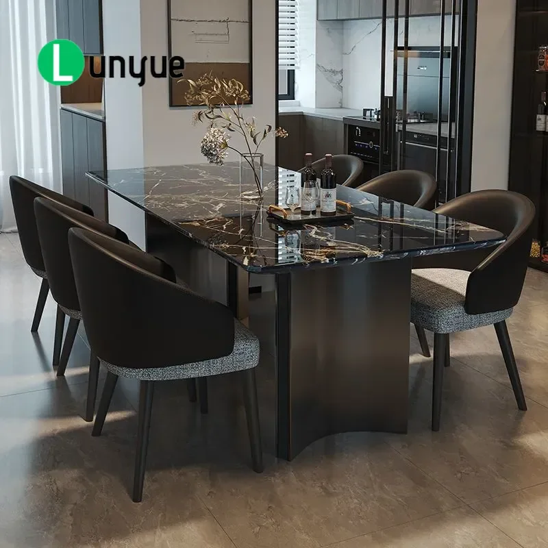 Italian Light Luxury Marble Dining Table Set Modern Simple Rectangular Stainless Steel Base Household Furniture for Small
