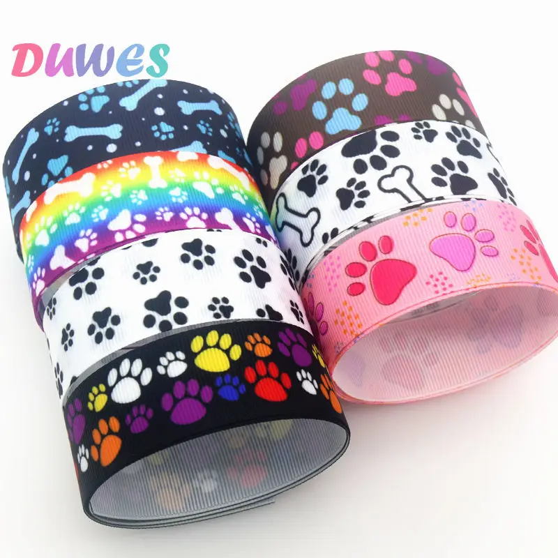 DUWES 50yards Dog Cat Paw Bone Printed Grosgrain Ribbon Accessories Material Headwear Decoration DIY Sewing Craft D1856