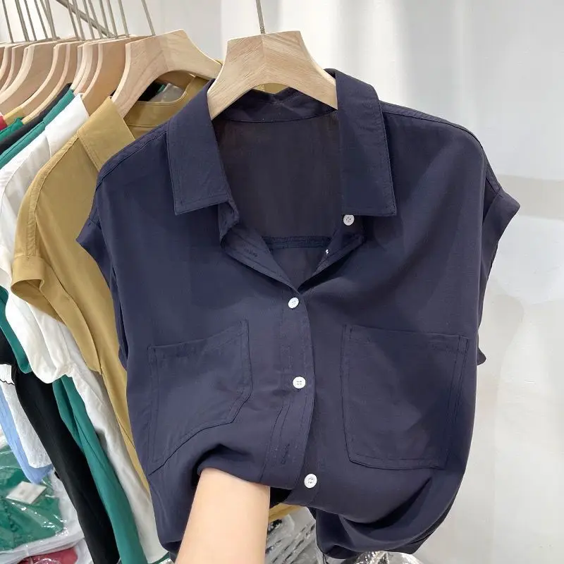Pocket Comfortable Women Lapel Collar Summer Short Sleeved Shirt Thin Style French Casual Loose Falling Shoulder Sleeves Tops