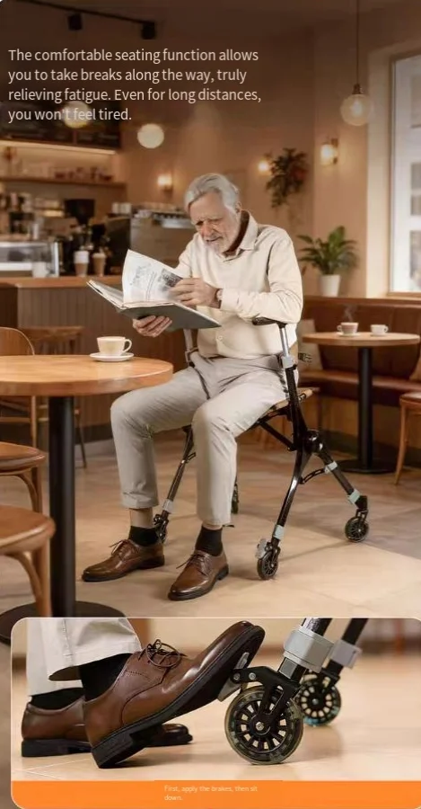 Ultra-Lightweight Foldable Magnesium Alloy Walker with Carbon Fiber Handle Seat Included Senior Citizens Walking Aid