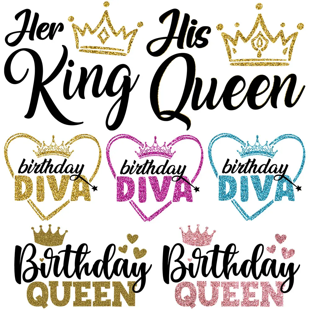 Image of König Königin Geburtstag Aufkleber Gold Glitter Krone Diva Party rosa Wärme übertragung DIY Applikation T-Shirt Parches Thermo Aufkleber Streifen
