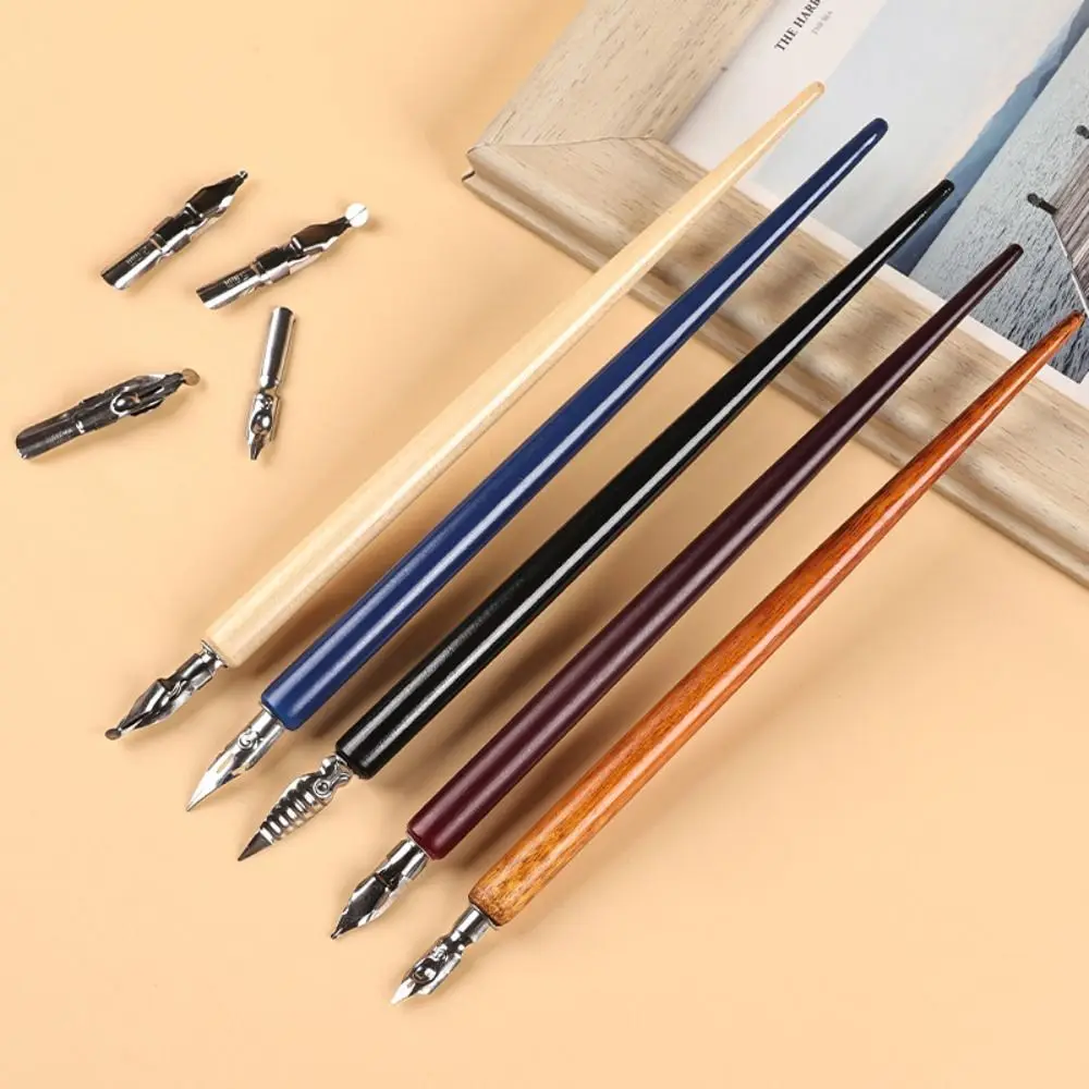 1pcs Multi-functional Wooden Rod Dip Pen Stainless Steel Tip English Pen Calligraphy Pen Comic Design
