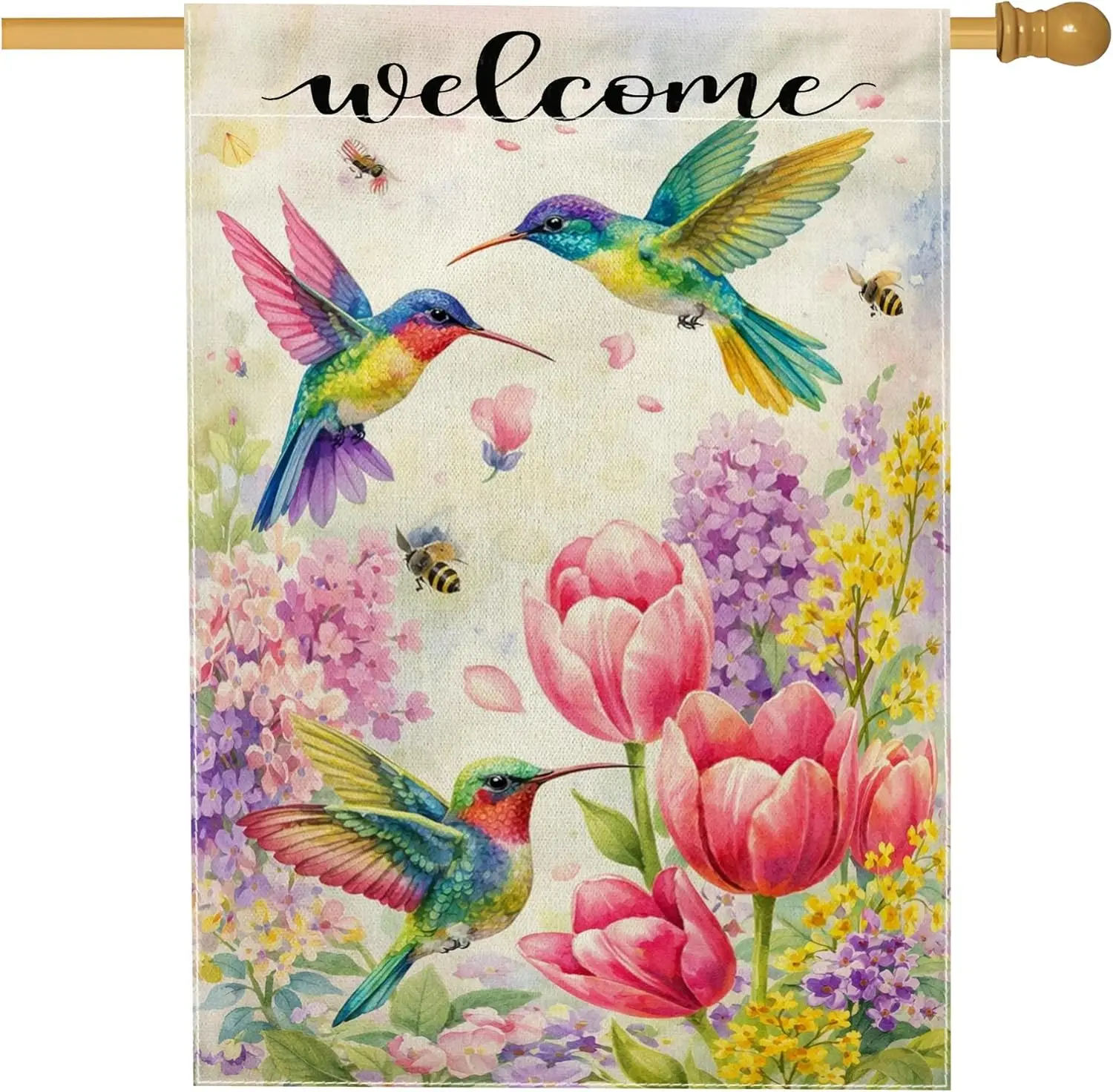 Hummingbird House Flag, Spring Floral Tulips Flower Spring Peach Burlap Double Sided Outside Large Garden Flag for Outdoor P ZZM