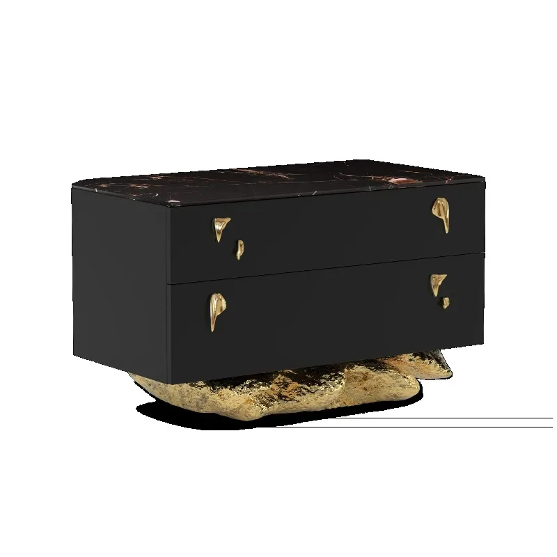 Luxury Villa Bedroom Furniture Black Nightstand Cabinet Set High Glossy Hammered Brass Base Marble Bedside Table with Drawers