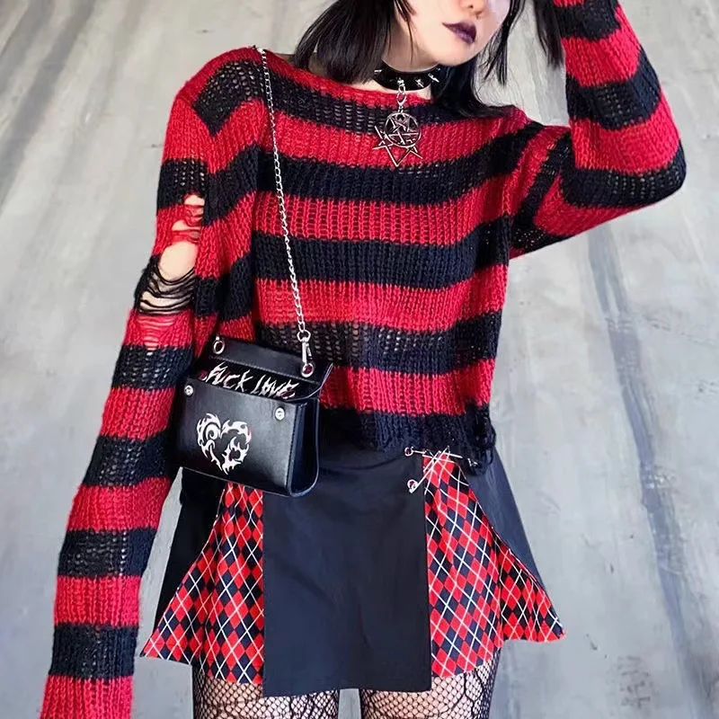 Women Red Black Stripe Ripped Knit Sweater Gothic Punk Cropped Top Irregular Hem Long Sleeve Pullover