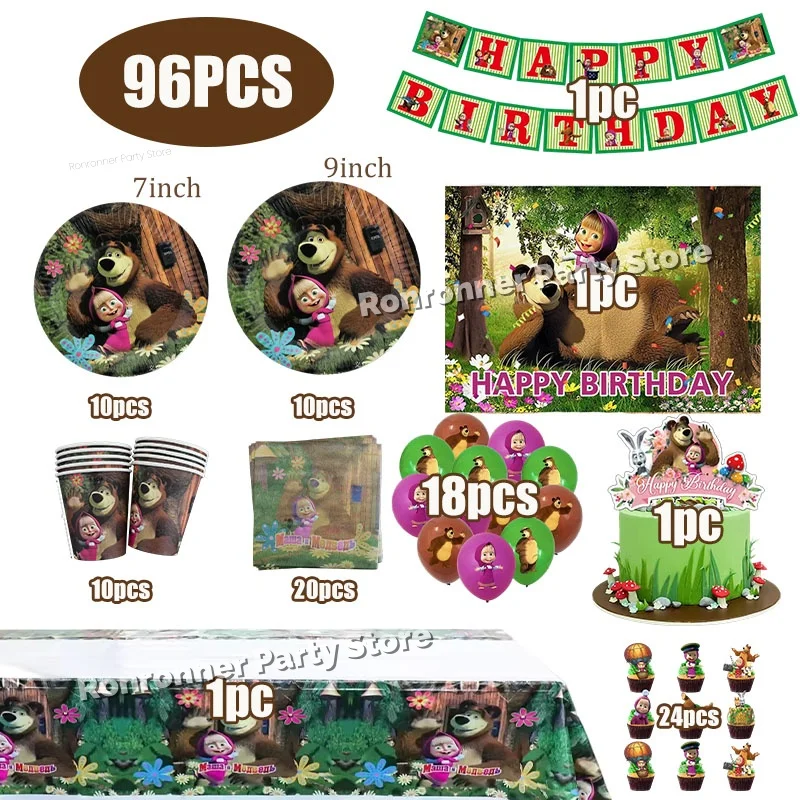 Masha And The Bear Theme Birthday Party Decorations Cute Cups Plates Napkin Balloons Banner Backdrop Party Supplies Gift - view 2