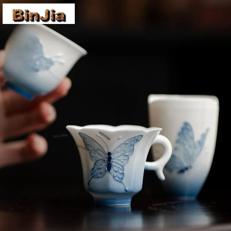 BAEJORIA Gradient Ramp Hand-painted Butterfly Teacup Zen Tea Bowl Single Cups Tea-tasting Smelling Cup Chazhan Master Cup Craft