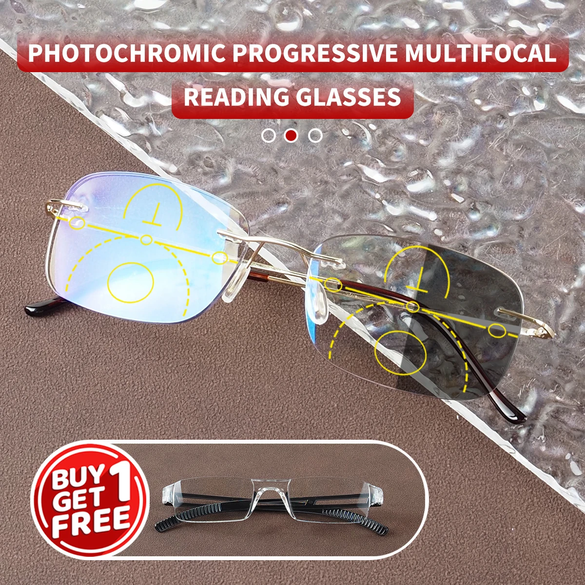 Photochrome, progressive multifokale Lesebrille, stilvolles rahmenloses Design, inklusive 1 integrierter Lesebrille als Geschenk, Unisex.