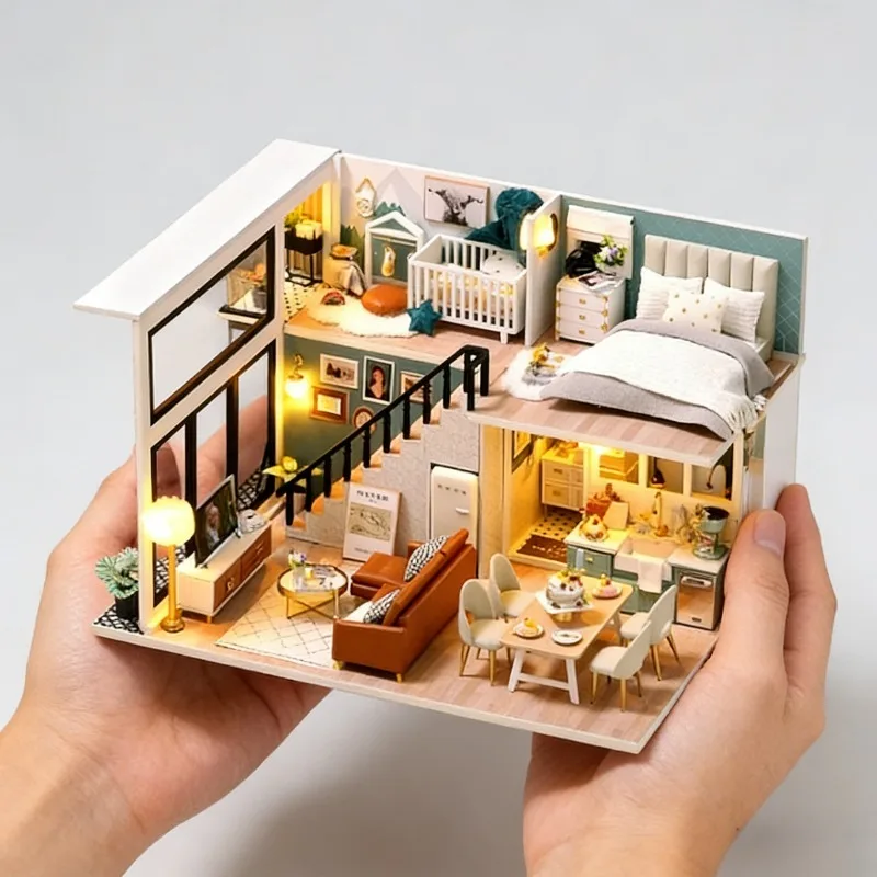 

Деревянный миниатюрный кукольный домик-конструктор, 3D-пазл для сборки, модель двухэтажной квартиры, игрушка для декора дома, подарок на день рождения