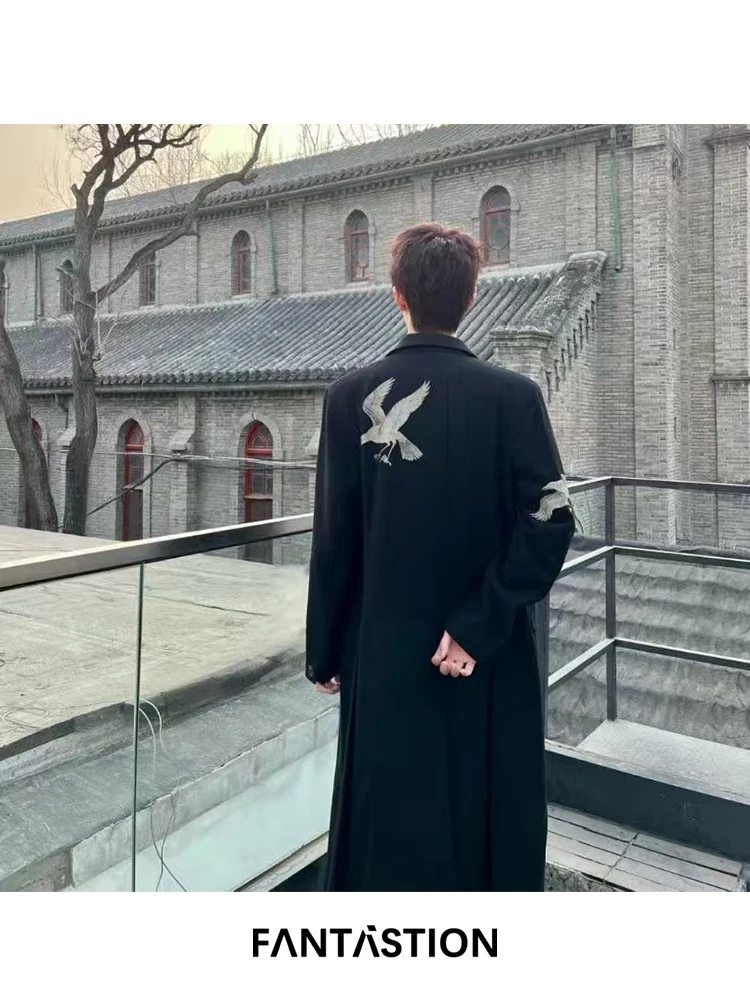 

FANTASTION Original design crow print woolen tweed jacket oversized Casual coat long jackets double breasted Woolen overcoat