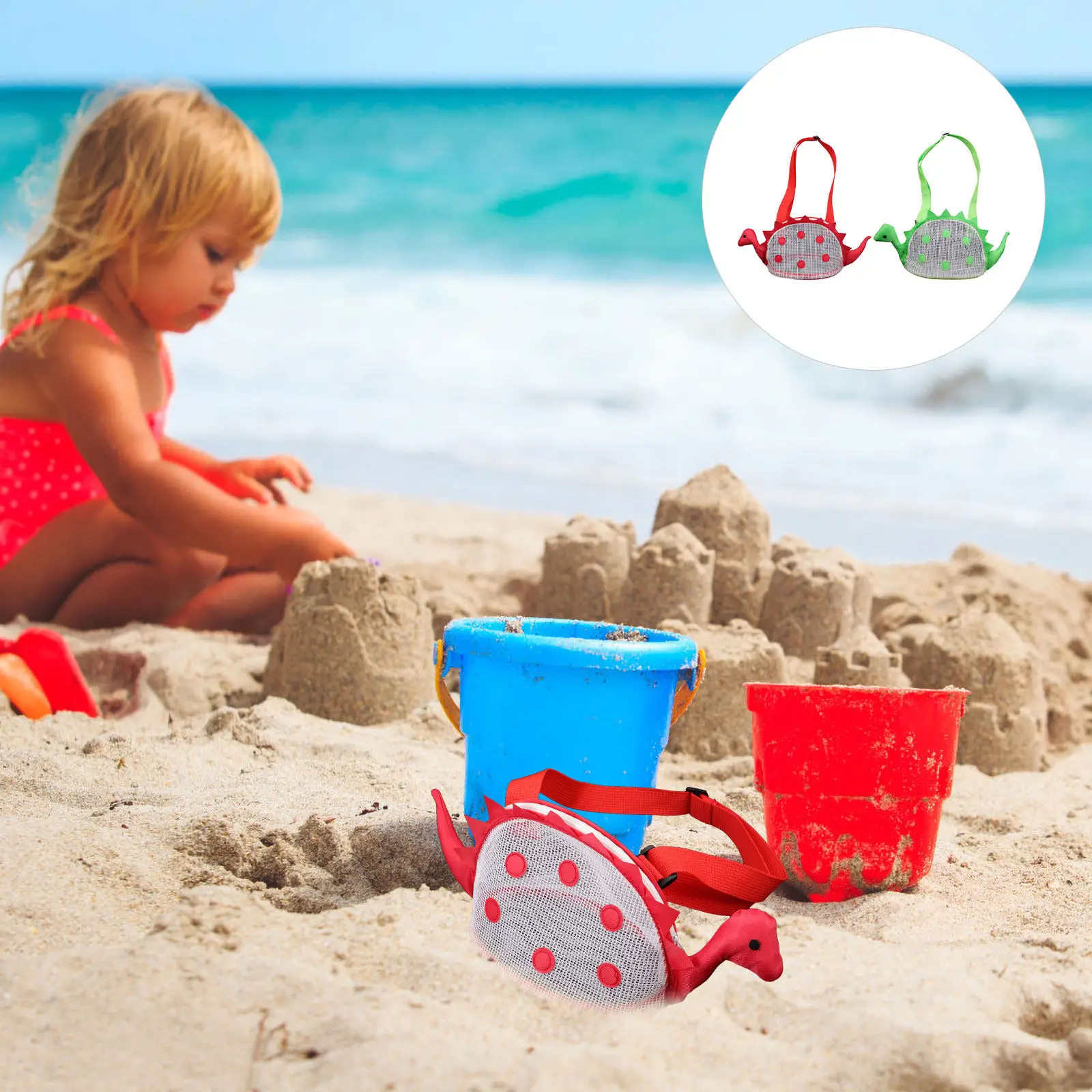 

2Pcs Mesh Beach Bags Cartoon Dinosaur Design Lightweight Sand Shaking Storage for Towels Water Bottles Shells Sunblock