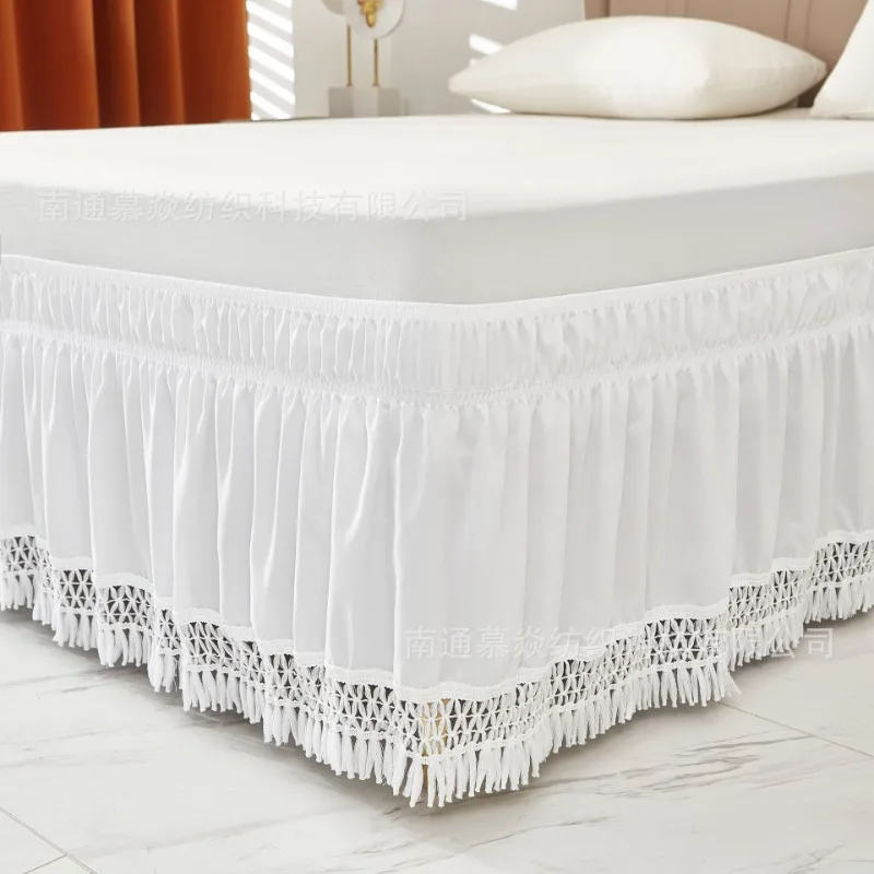 Solid color high elasticity bed skirt with tassel elastic embedded bed apron, fully wrapped edge, bedroom bedspread
