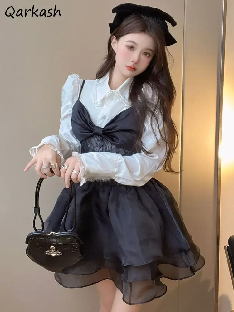 

Комплекты из 2 предметов, женские тонкие кружевные рубашки, бальное платье, мини-платья, сексуальная весенняя шикарная повседневная милая универсальная однотонная уличная одежда в корейском стиле