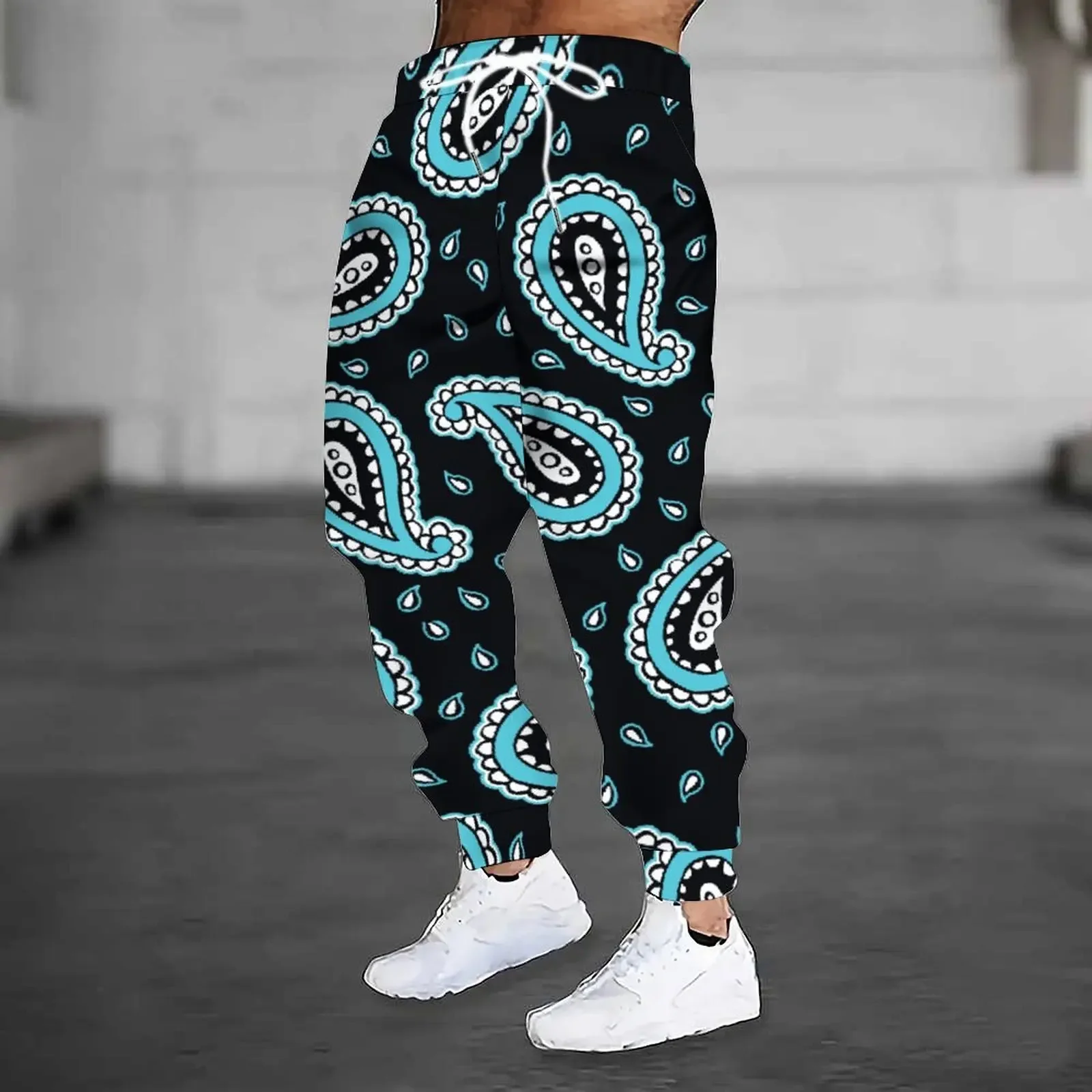 Unisex Autumn Winter 3D Print Blue Paisley Harem Pants Warm Drop Crotch Drawstring Jogger Trousers