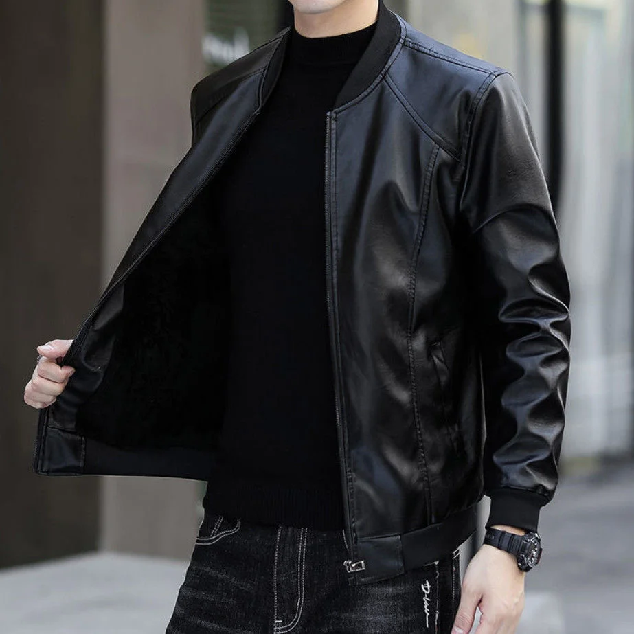 Leather Men PU Jacket Autumn Winter Plus Velvet Korean Version Slim Casual Warm Middle-Aged And Young Men's Clothes Clothing