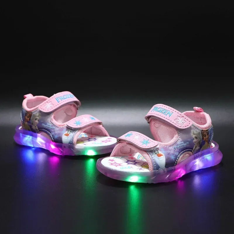 Disney verão sandálias infantis congeladas priness elsa anna sandálias infantis luz led praia rosa roxo sapatos tamanho 21-31