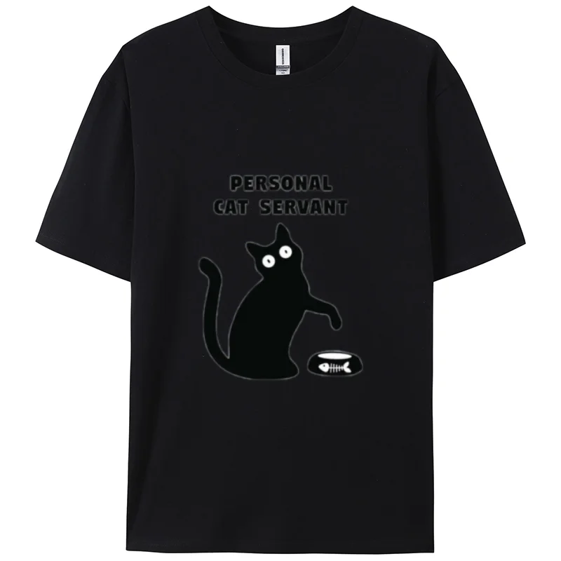 Y2K Black Cartoon Cat Print Women's Cotton Breathable T-Shirt Summer Loose Short Sleeve Cute Casual Simple Top