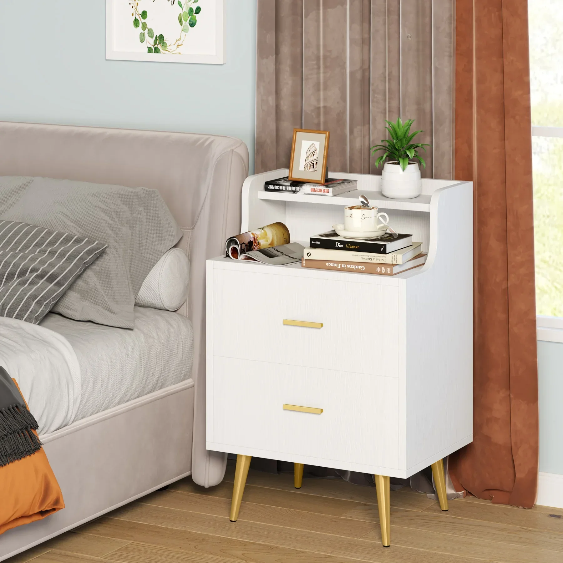 Tribesigns White 2 Drawers Nightstand, Modern Bedside Table with Drawer and Heightened Open Shelf,  Night Table for Bedroom