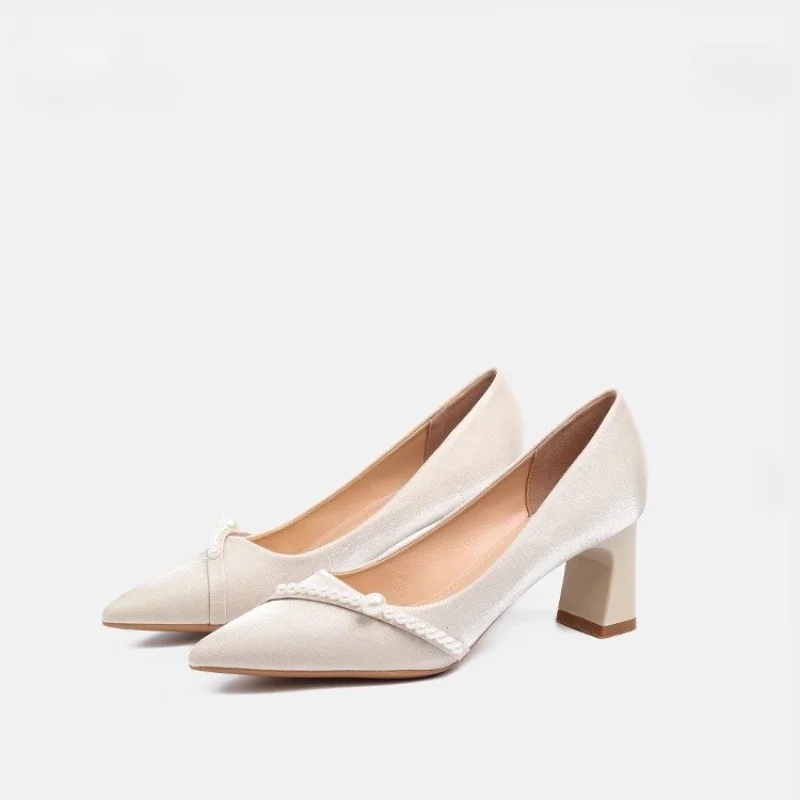 Elegant Pearl Embellished Pointed Toe Block Heels, Gentle Style Comfort Pumps, Classic Office Dress Shoes for Women