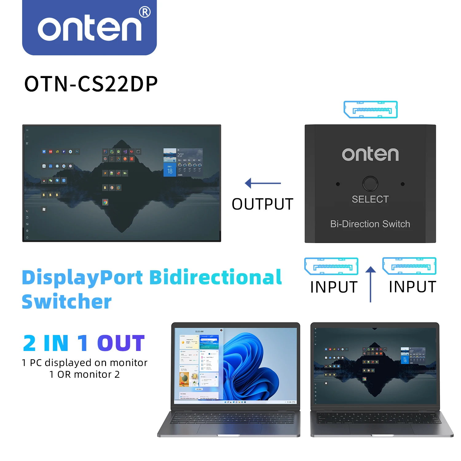 ONTEN DP1.4 Bi-Directional DisplayPort Switch 32.4Gbps 8K@30Hz 1080P@240Hz 2-Way DP Switch With IR Remote For Video Editor Gamer