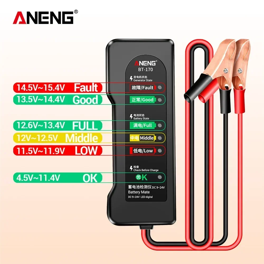 BT170 Auto Battery Analyzer Check Alternator&Battery Charge System Test LED Light Display Diagnostic Tool 12V Car Battery Tester