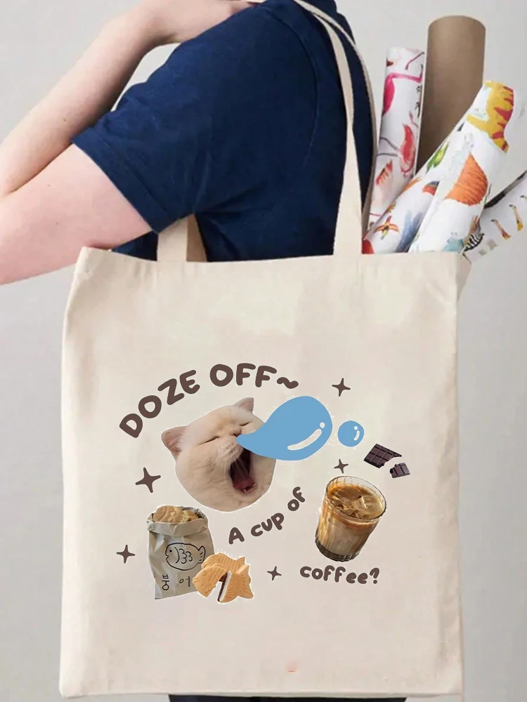 1pcs Korean Kawaii Cat Graphic Tote Bag Carrier Bag Canvas Shoulder Bag Cute Shopper Bag Perfect For Outdoors Travel Gift