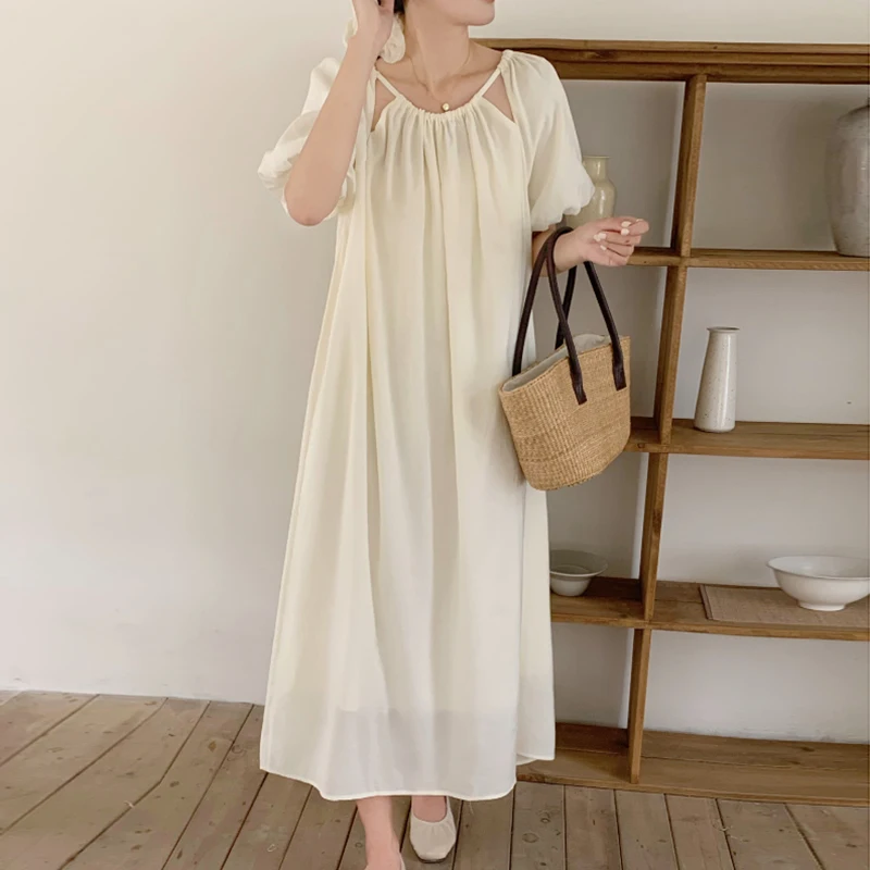 Chic Summer Lazy Sle Women's Loose Casual  Color Bubble Sve Dr Ne Hanging Hollow Design Korean Sle Long Dr