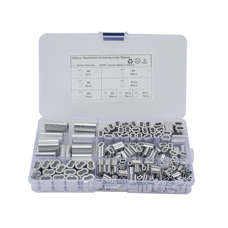 250PCS Crimping Loop Sleeves Kit Aluminum Double Barrel Ferrule Clips For Wire Rope And Cable 8 Sizes M1.2-M6