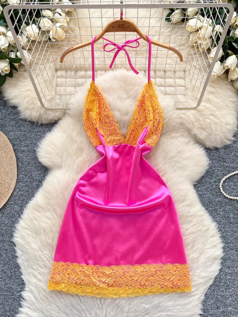 Foamlina celebridade vintage halter sling vestido feminino verão profundo decote em v renda guarnição cetim bodycon mini saia vestidos curtos