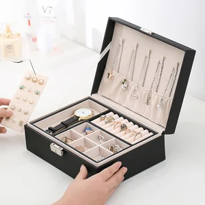 Cajas de joyas de cajas de anillo de caja de joyas de madera de doble capa y empaquetado con organizador de almacenamiento de joyas de cuero PU y estuche de maquillaje 8 Mejor caja de ring de madera de ventas - №1