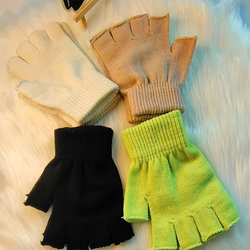 1pair New Punk Gloves Unisex Half Finger Gloves Solid Color Fingerless Gloves Stretch Knitted Winter Mittens Warm Gloves Fashion