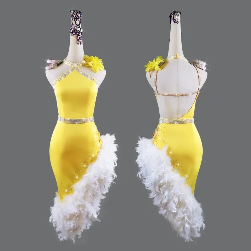 Vestido de baile latino, vestido de competición, disfraces, falda, vestido de actuación para adultos, falda Matador amarilla personalizada para niños, faldas divididas