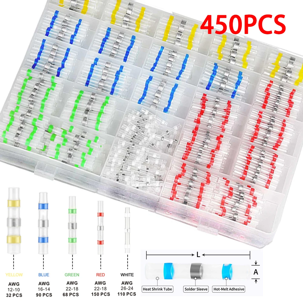 

450PCS Heat Shrink Wire Connectors Waterproof Solder Seal Wire Butt Connector Kit Insulated Terminals for Marine Automotive Boat