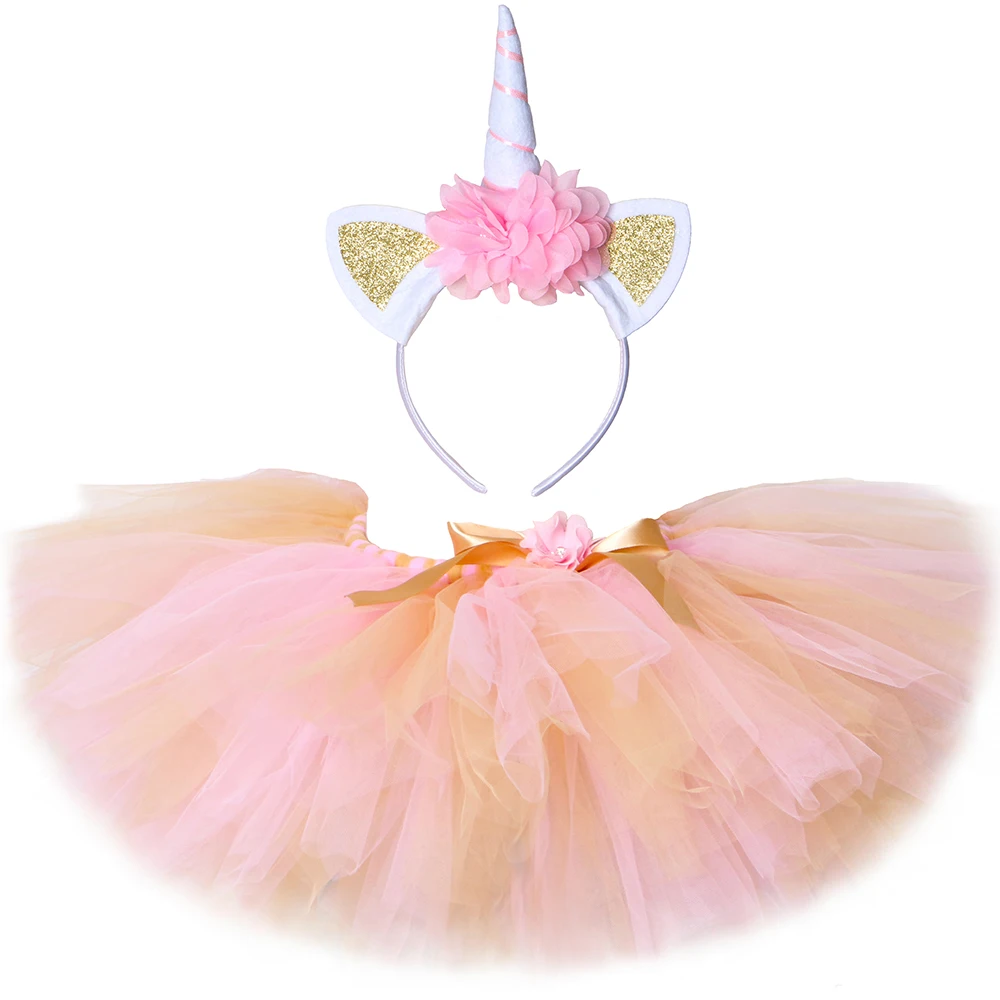 Girls Unicorn Tutu Skirt Pink Gold Fluffy Flowers Kids Tulle Skirt Dance Birthday Party Toddler Baby Girl Tutu Costume Outfit