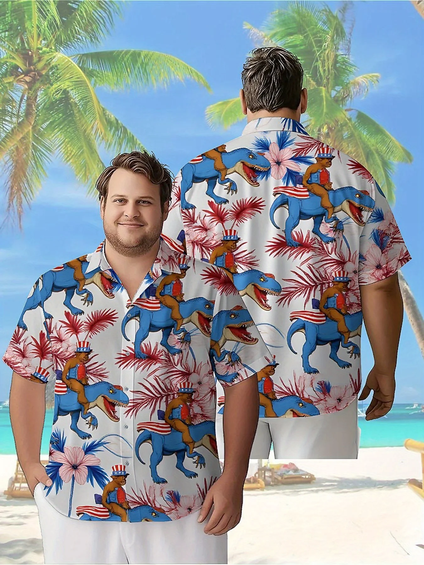 Men's Plus Size Hawaiian Shirts Dinosaur Riding Pattern, Summer Casual Tops, Outdoor and Party, Streetwear