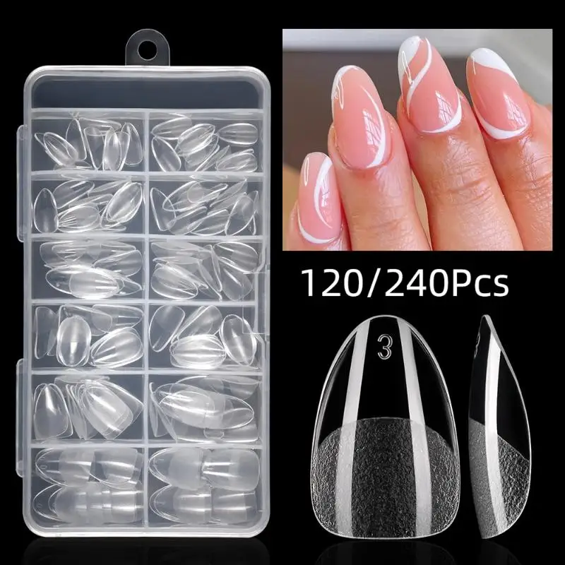 120/240 Uds punta de uña falsa mitad esmerilada almendra prefabricada medio mate prensa en extensión de uñas postizas para una pequeña cama de uñas 12 tamaños en caja