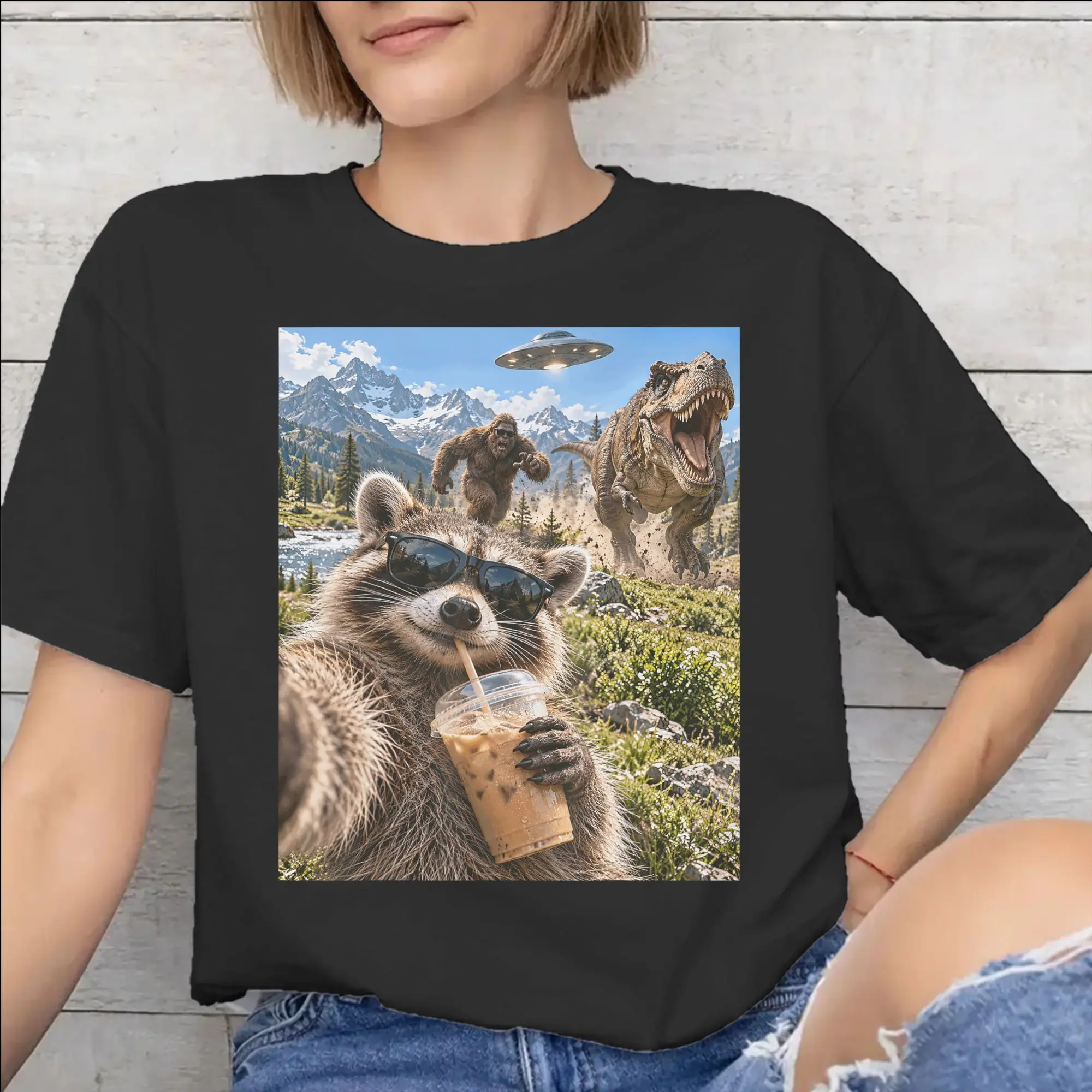 Funny Bigfoot Ride Dinosaur Raccoon Merch Men Women T Shirts Cotton Tee Graphic Printed  T-shirt Clothes