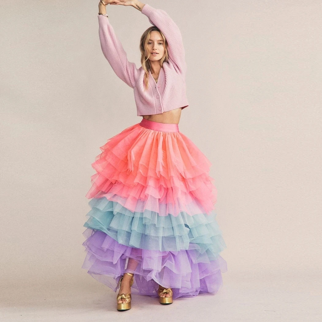 

Sweet Color Skirts Girls Long Custom jupe femme Asymmetrical Party Skirt Tulle Elastic Waistband Tutu Maxi Skirts Layered